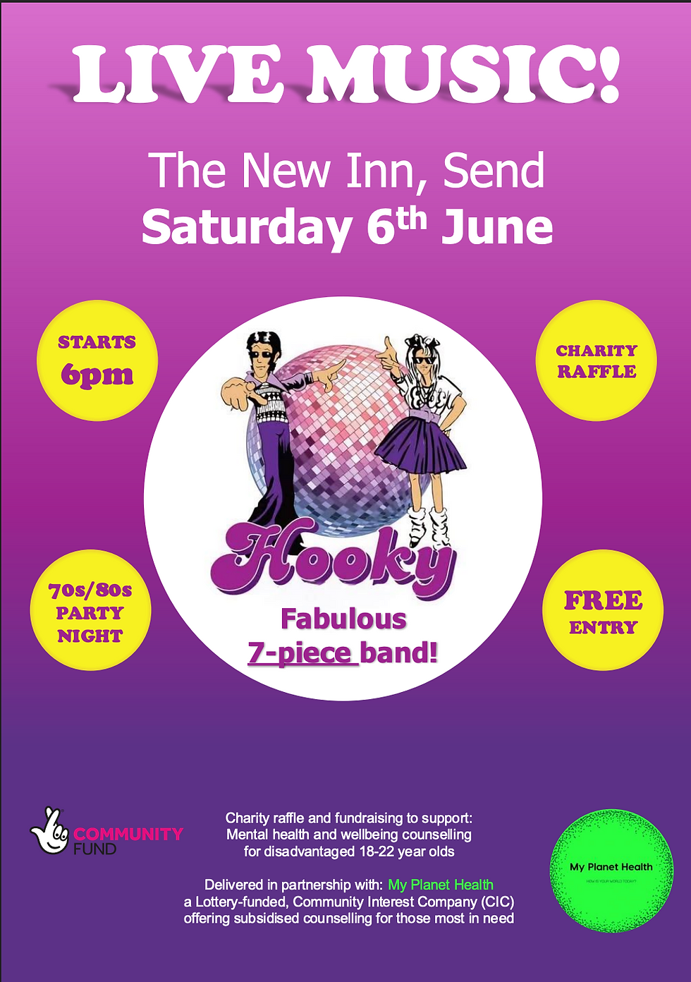 Purple poster saying 'Live Music' at The New Inn, Send on Saturday 6th June 2026. 