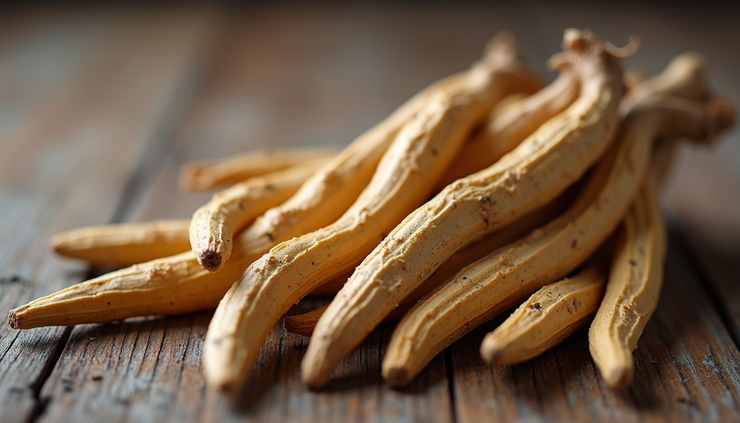 Close-up view of dried ashwagandha roots on a wooden surface