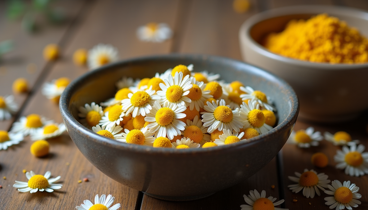 Eye-level view of dried chamomile flowers arranged for a ritual bath