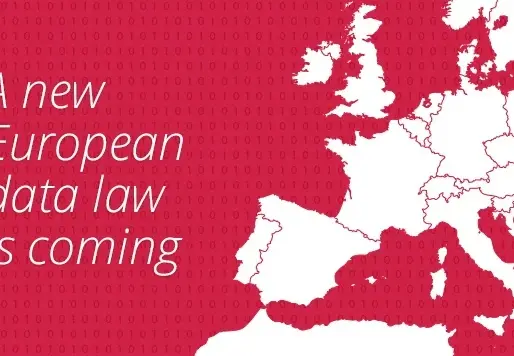 Map of Europe on a red binary-coded background. White text reads "A new European data law is coming", suggesting forthcoming legislation.
