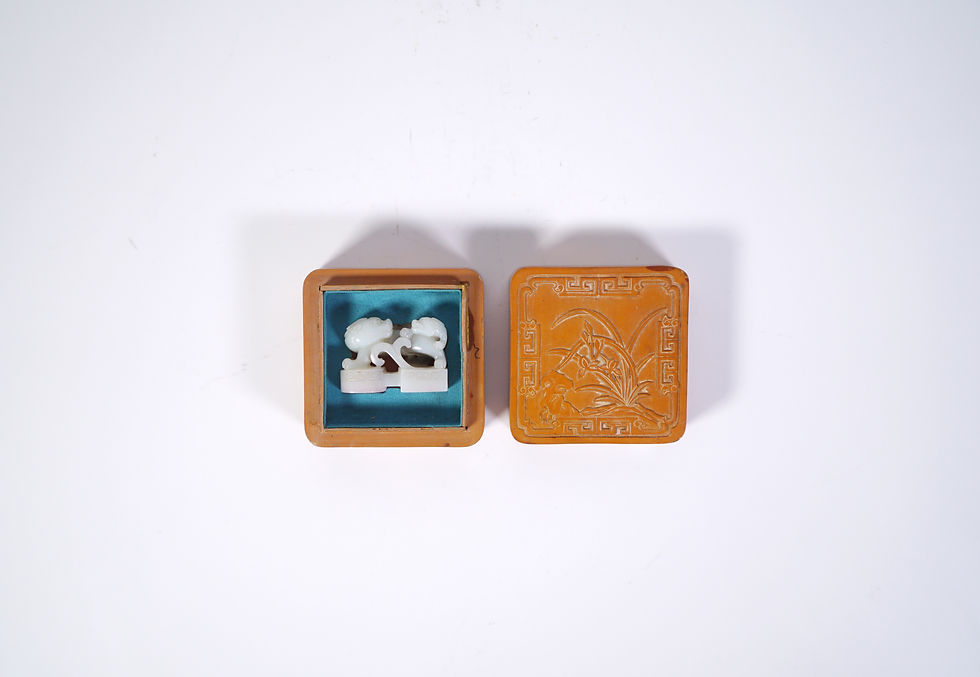 Thumbnail: A Pale Celadon Jade 'Chi-dragon' Seal with a Bamboo Veneer Box and Cover