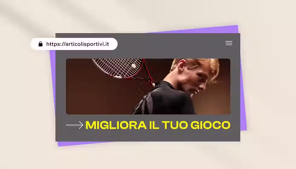 Mockup di sito web con dominio personalizzato e pagina di negozio online sportivo con immagine di un tennista