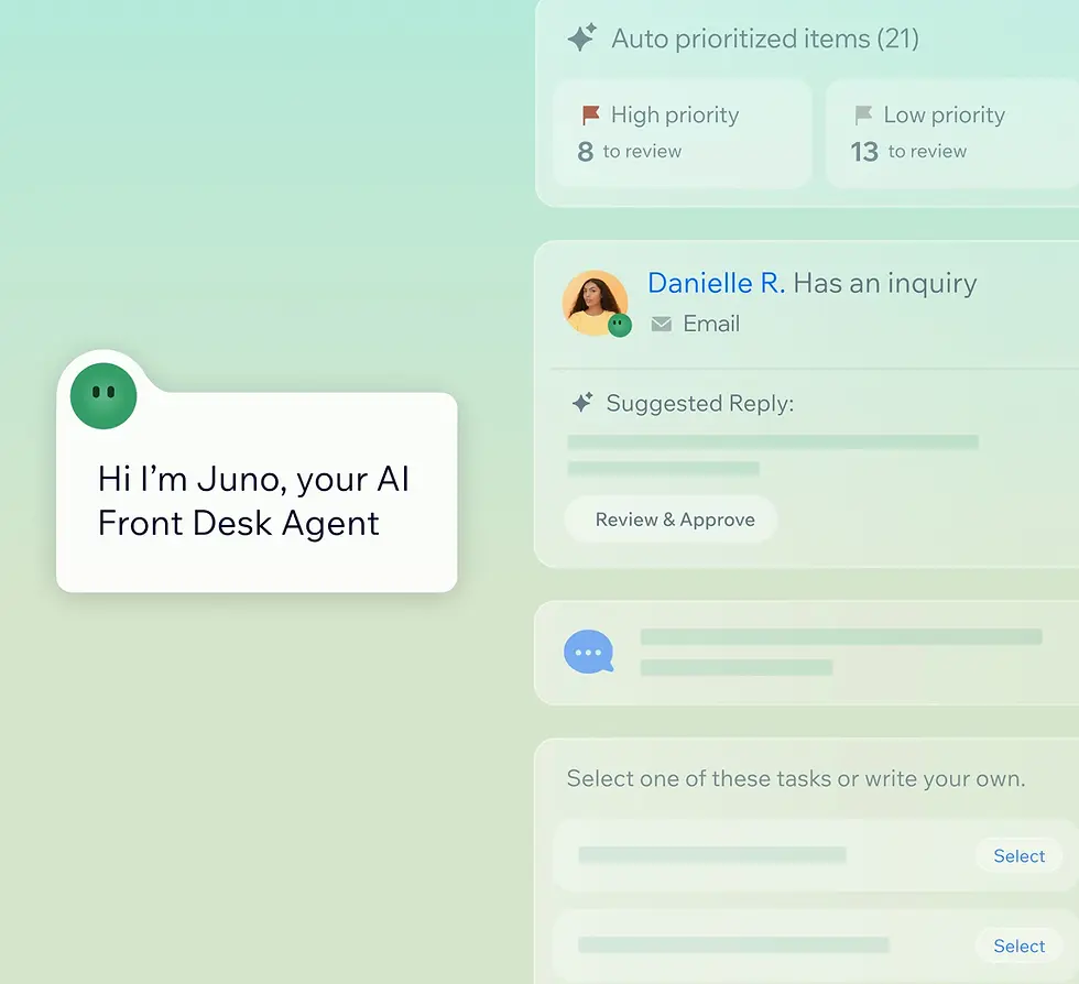Wix's AI Front Desk Agent interface as it appears in their CRM software for small businesses, displaying prioritized customer inquiries.