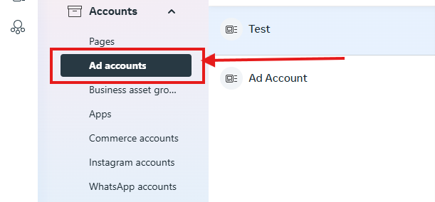Sidebar menu showing "Ad accounts" selected with a red arrow pointing to it, and lists "Test" and "Ad Account" on a light background.