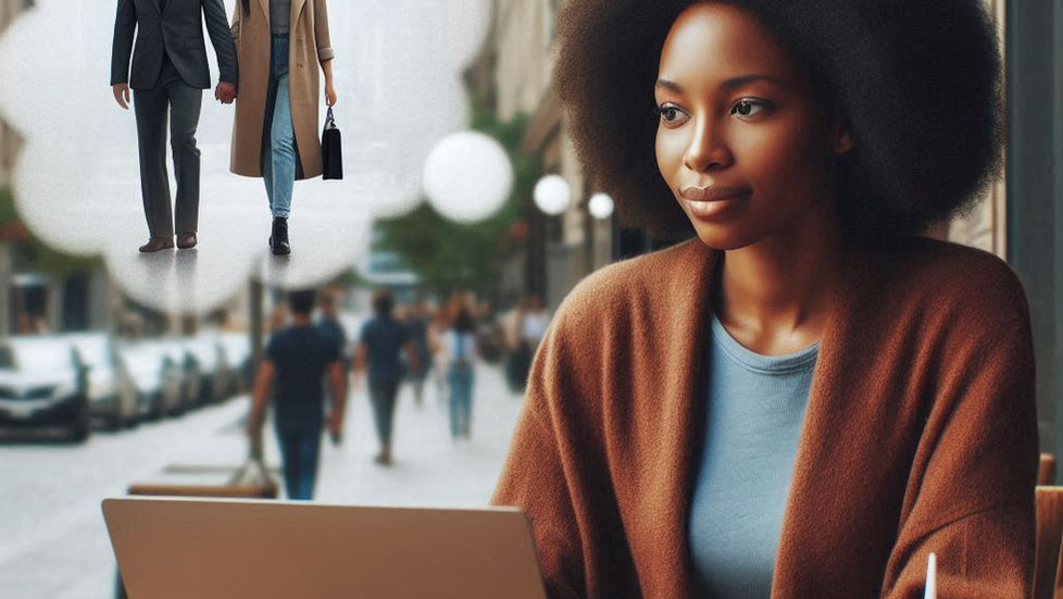 A black woman sitting in front of an open laptop. Behind her in an imagination bubble is young couple walking and holding hands.