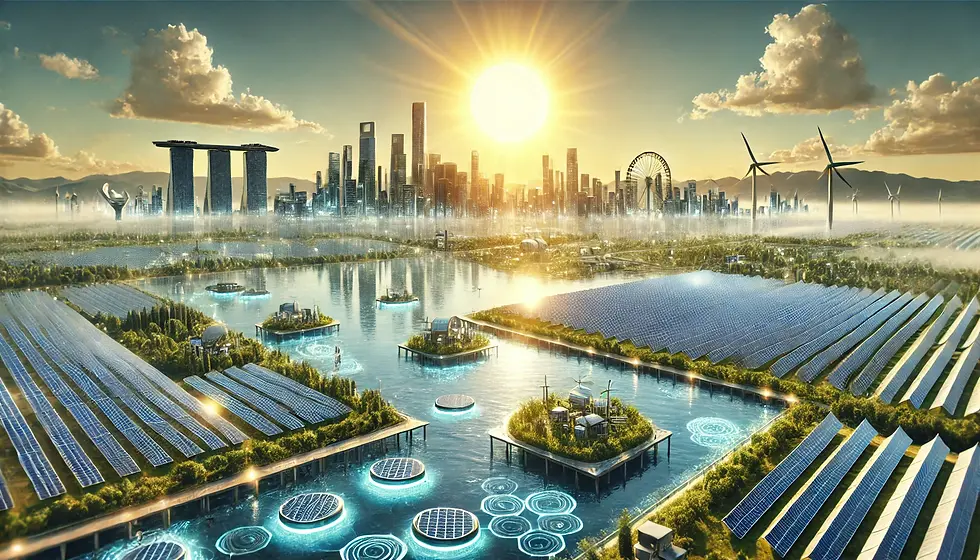 "A futuristic solar energy farm featuring advanced transparent solar panels, floating solar panels on a water body, and a solar-powered smart city in the background. The landscape is clean and eco-friendly, with a bright sun shining over a sustainable, green environment.