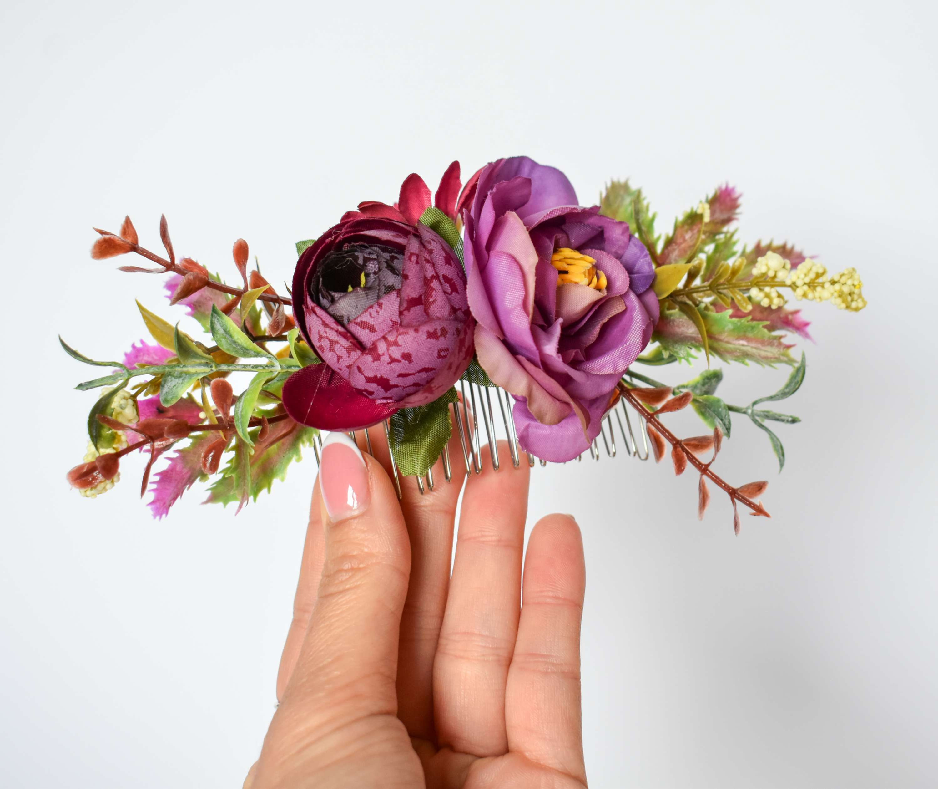 Шнола за коса с цветя - лилава