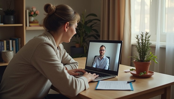 Eye-level view of a cozy home office setup with a laptop showing a virtual therapy session