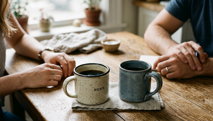 Close-up view of two mugs on a kitchen table during a quiet conversation at home.