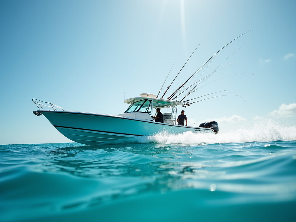 A boat cruising on crystal-clear waters near Cozumel, with anglers on board and fishing ro