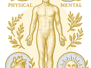 Anatomical figure on gold background with icons for Physical (arm), Mental (brain), Emotional (heart), and Spiritual (sun) aspects.