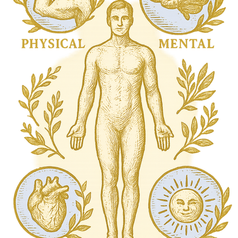 Anatomical figure on gold background with icons for Physical (arm), Mental (brain), Emotional (heart), and Spiritual (sun) aspects.