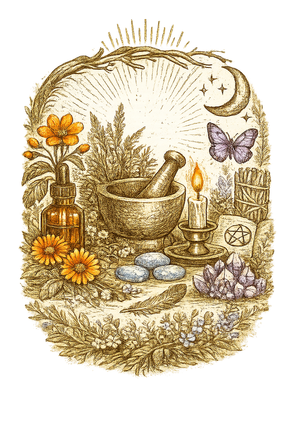 Hand-drawn vintage engraving style illustration in gold ink showing natural healing elements, botanical forms, crystals, and esoteric symbols representing soul purpose, spiritual alignment, and inner wisdom.