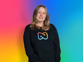 Charlotte Billings on a rainbow background