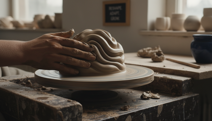 Close-up of a hand smoothing wet clay on a pottery wheel.