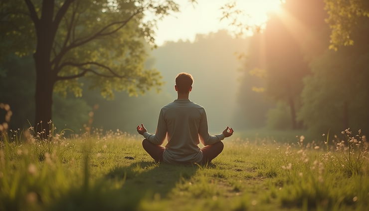 Eye-level view of a single person meditating in a quiet natural setting