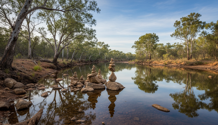 Eye-level view of balanced stones beside a still inland river in the Australian bush.
