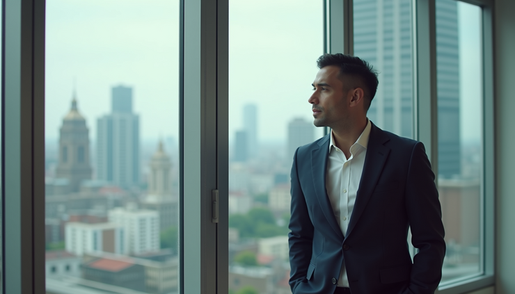 Eye-level view of a confident leader standing in front of a large window with cityscape in the background
