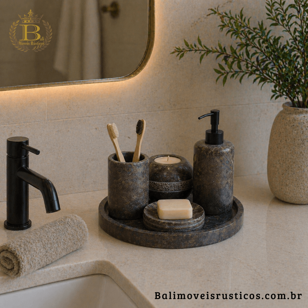 Kit de acessórios de luxo para bancada de lavabo com 5 peças em pedra de rio polida e acabamento liso da Bali Móveis Rústicos