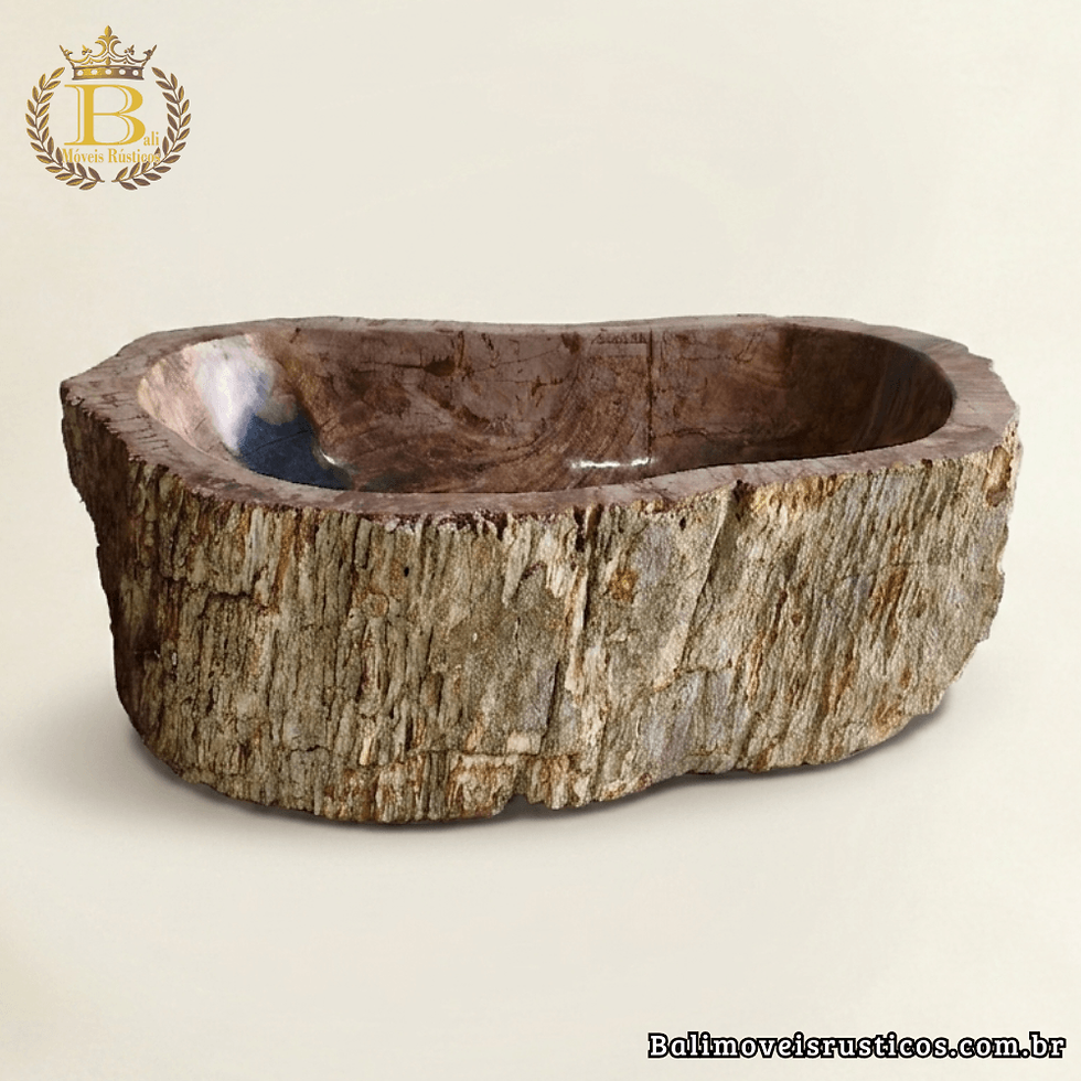 Miniatura: Cuba rústica de madeira fossilizada de apoio em pedra natural com formato orgânico e interior polido, modelo CF1-49x37x15 da