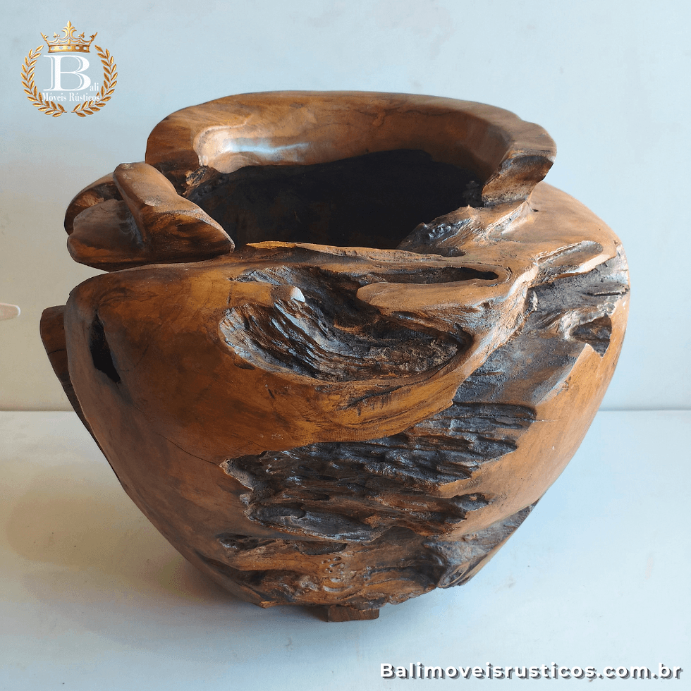 Vaso rústico Bali Erosi Grande esculpido em tronco de madeira maciça de teca, VEG-3 da Bali Móveis Rústicos.