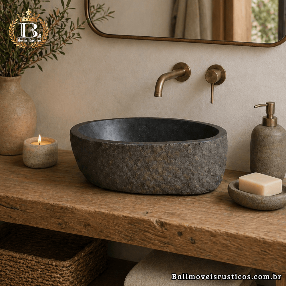 Cuba de pedra de rio rústica de apoio orgânica com interior polido e exterior natural, modelo CR2-47x30x16-28kg da Bali Móvei