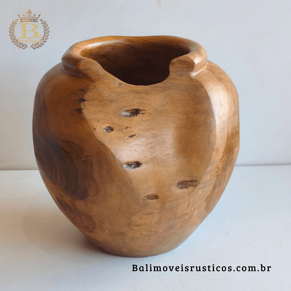 Vaso rústico Bali de 26 cm esculpido em tronco de madeira maciça de teca, V26-3 da Bali Móveis Rústicos.