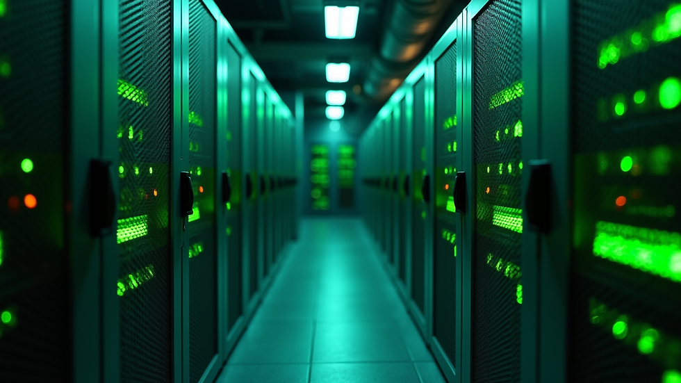 Eye-level view of a modern server room with green LED lights