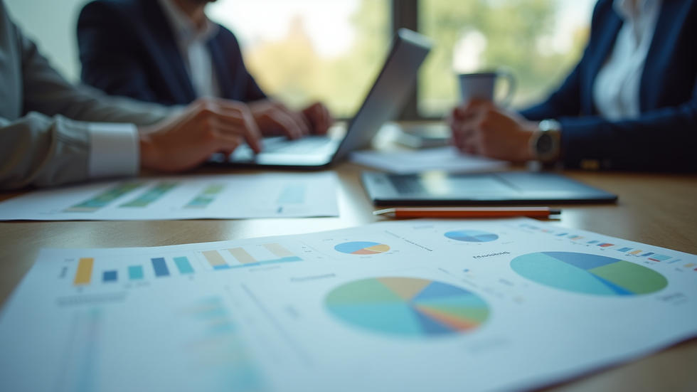 Close-up view of a business meeting with charts and laptops