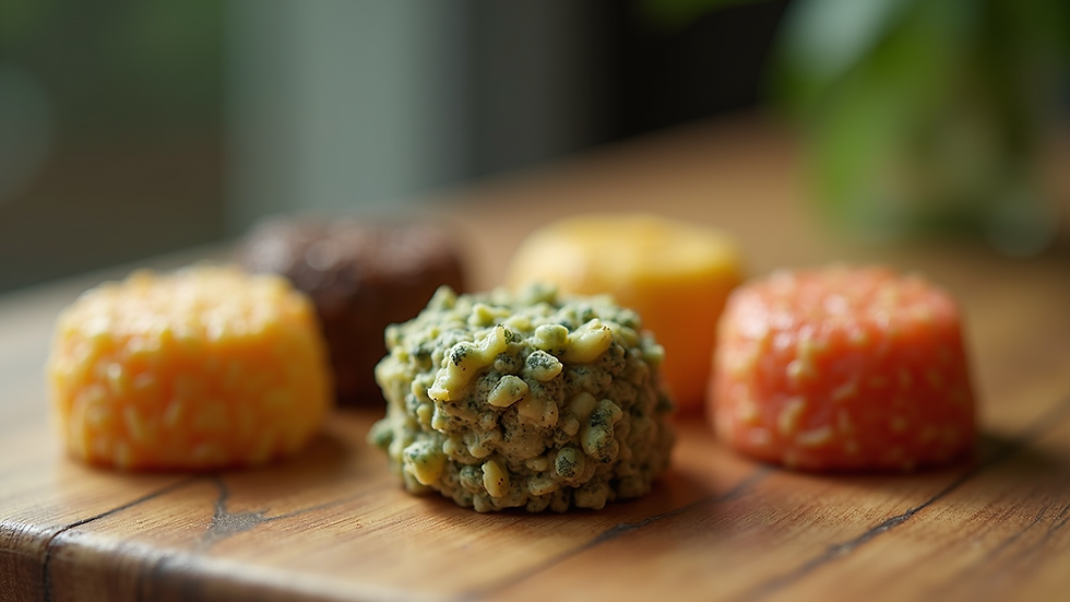 Close-up view of a colorful assortment of marijuana-infused treats on a wooden table