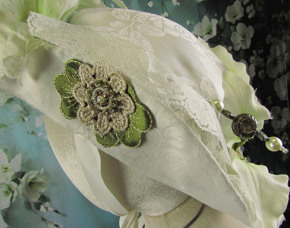 Thumbnail: Handmade Victorian White Brocade Bonnet | Historical Flower and Lace Hat