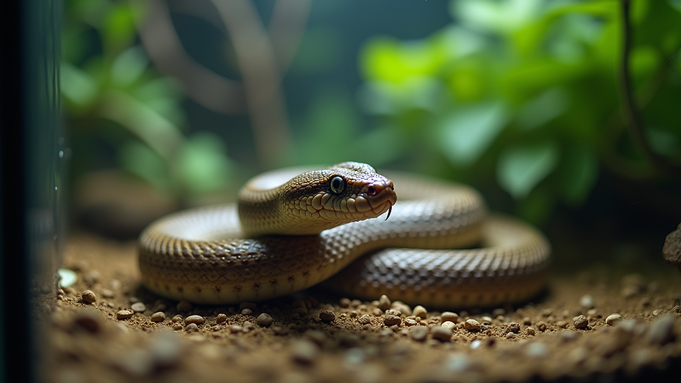 Eye-level view of a boa constrictor coiled in a terrarium