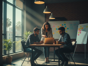 Three young entrepreneurs collaborating in a modern office workspace with laptops, brainstorming ideas under warm lighting and sunlight streaming through large windows.