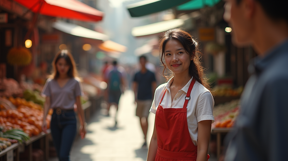 Eye-level view of a vibrant marketplace bustling with young entrepreneurs