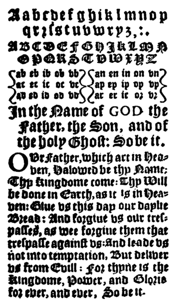 Primer "hornbook" with the Lord's prayer in blackletter
