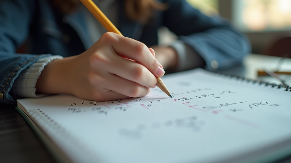 Close-up view of a student studying math problems on a notebook