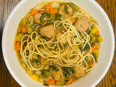 Pork meatball and veggie ramen soup