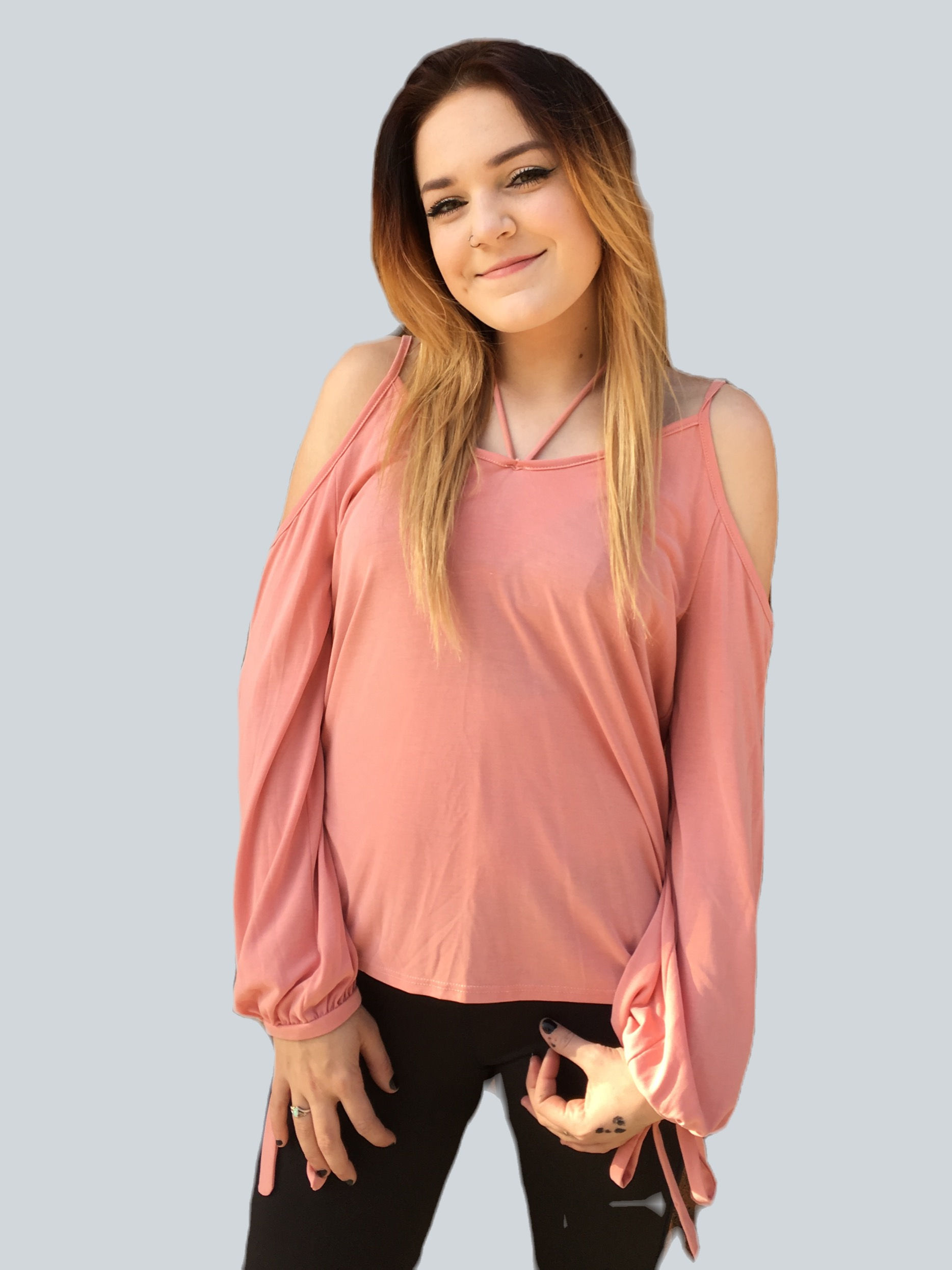 Soft Pink Cold-Shoulder V Neck Top