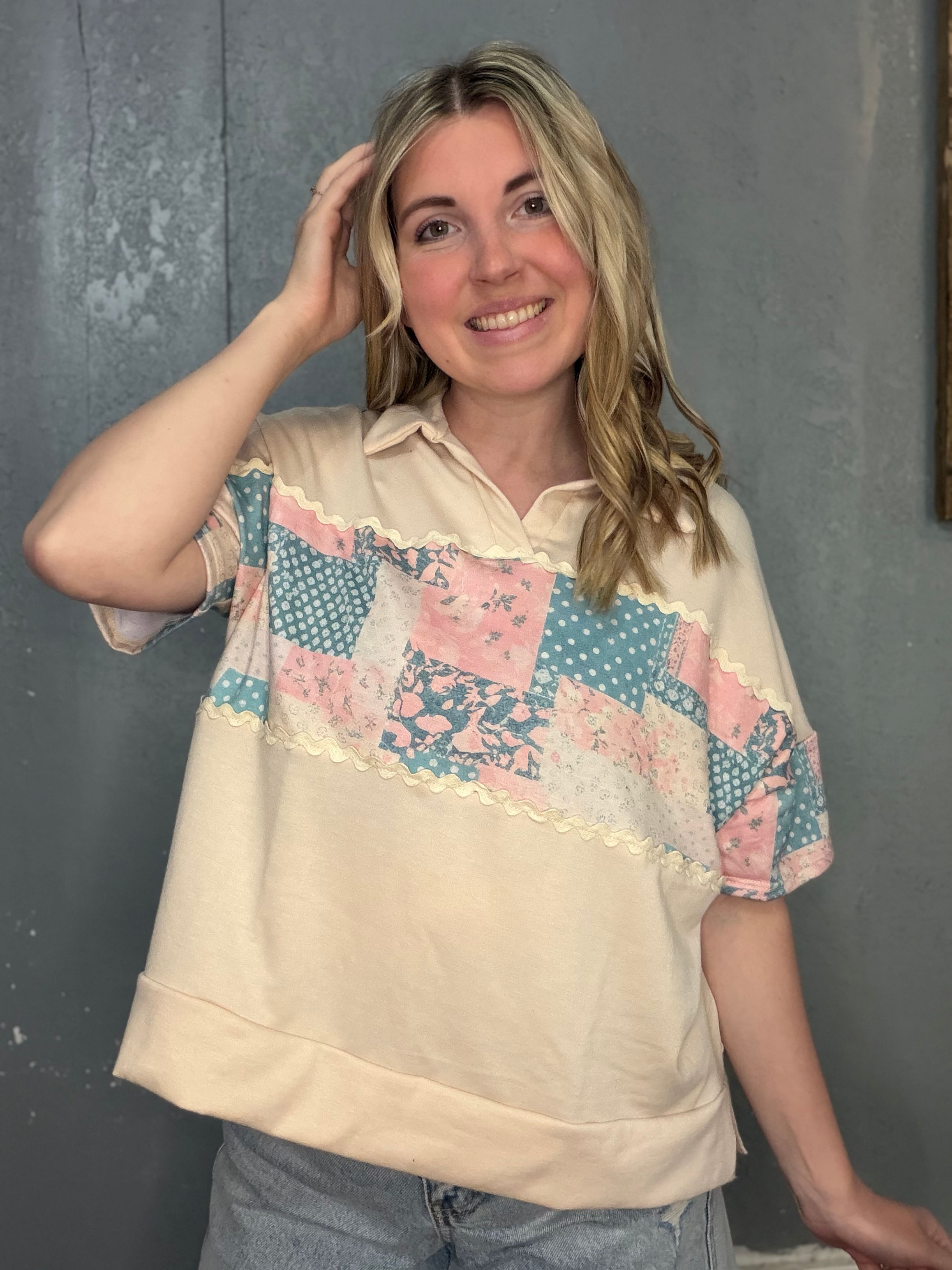 Patchwork Print Collar Top