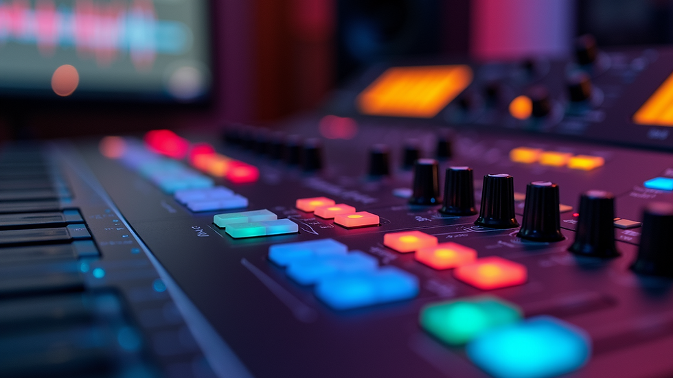 Close-up view of a digital audio workstation with colorful sound waves