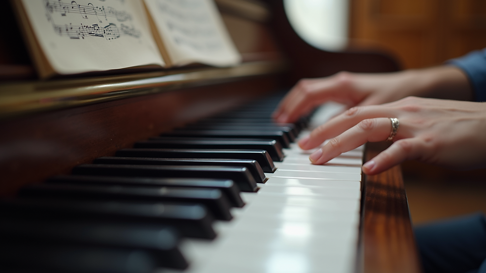 Eye-level view of a piano keyboard with sheet music