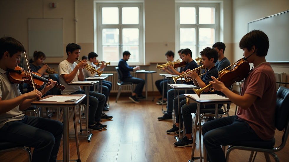 Wide angle view of a music classroom filled with students playing instruments