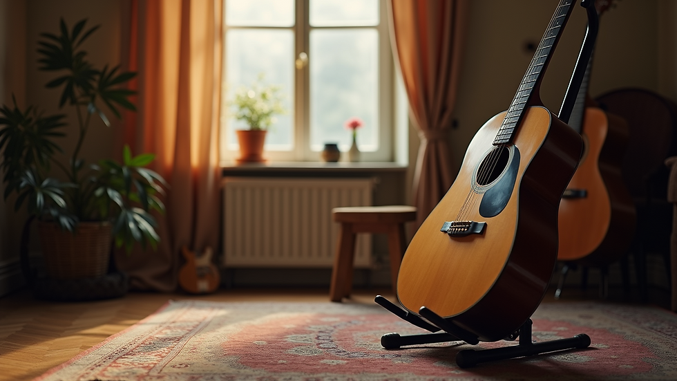 Eye-level view of a guitar resting on a stand in a cozy music room