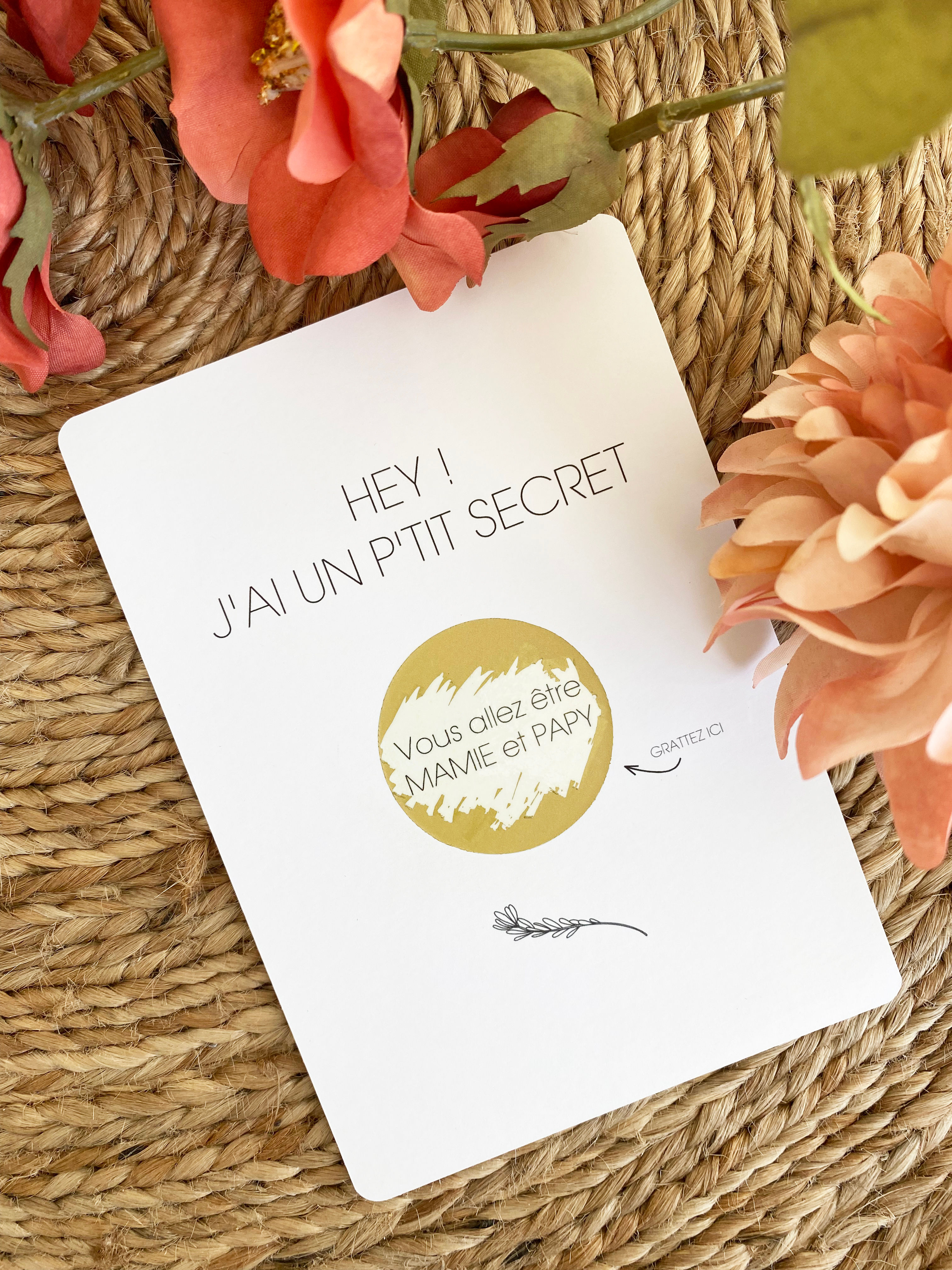 Carte à message "Vous allez être mamie et papy" or, grattée