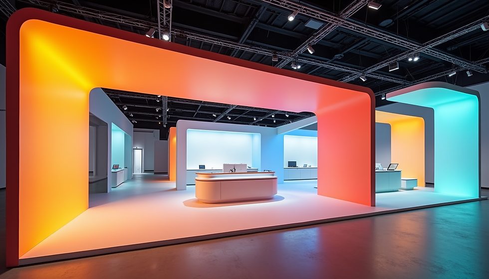 Eye-level view of a vibrant roadshow booth with bold colours and dynamic lighting