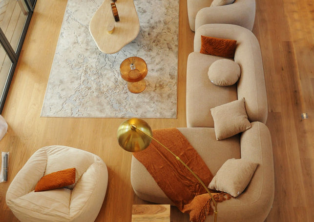 Vue en plongée du salon d’une villa contemporaine à Saint-Raphaël, agencement intérieur élégant avec canapés arrondis et tabl