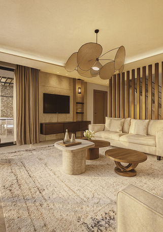 Salon contemporain lumineux avec séparation en claustra bois, mobilier sur mesure et ouverture sur la terrasse.