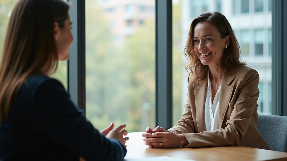 Eye-level view of a life coach and client engaged in a coaching session