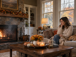 A woman sitting on her living room couch notices smoke coming from her fireplace.