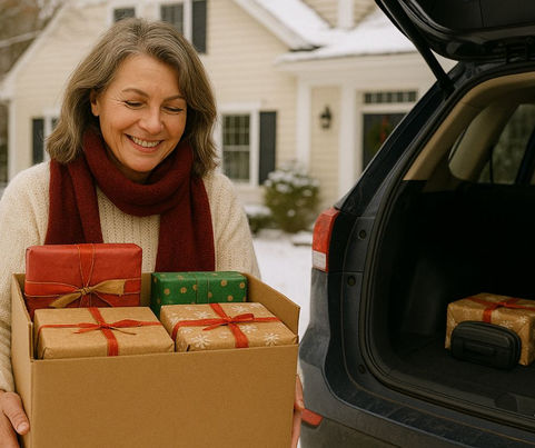 a homeowner packs up her car with presents before leaving for the holidays